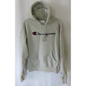 CHAMPION Logo Spell Out Hoodie Size S Men's  Pocket Reverse Weave Gray Casual